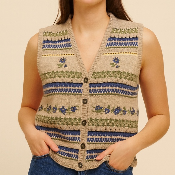 Vintage Northern Reflection cream and pastels button up cottagecore vest EUC - Picture 1 of 8